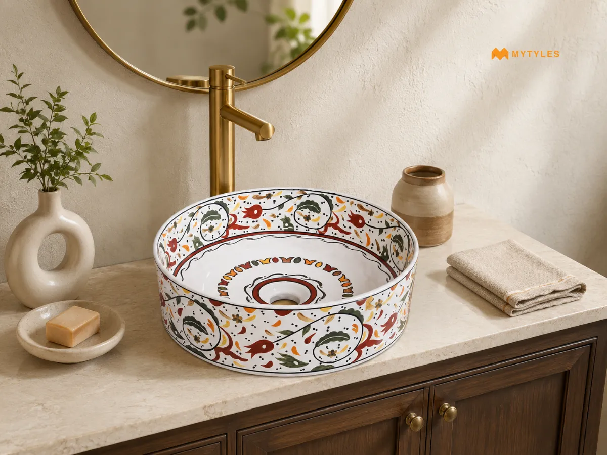Moorish Mandala Geometric Glossy Red Ceramic Table Top Wash Basin